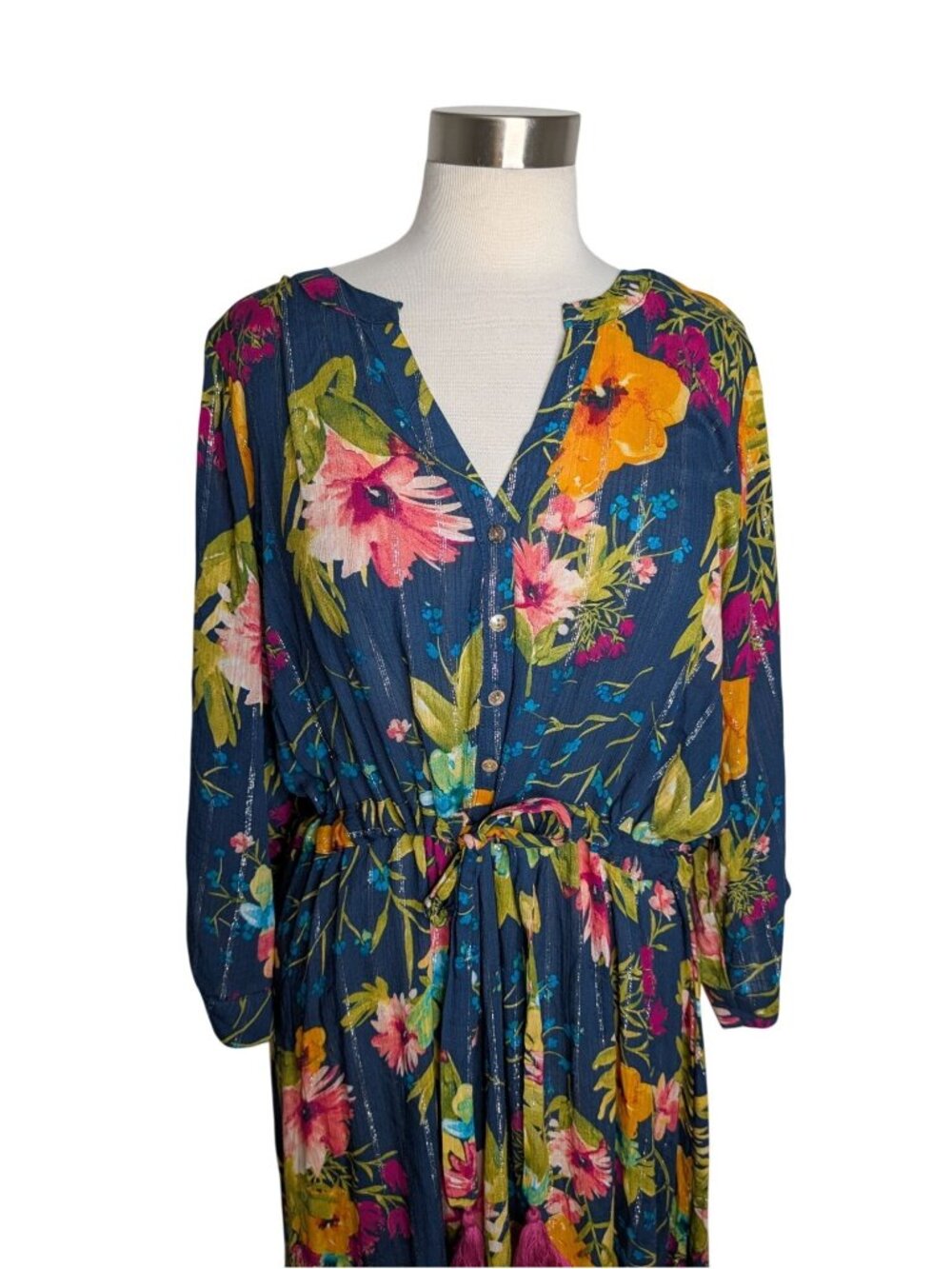 Cult Of Design Floral Maxi Dress 1X With Metallic Gold Threads Shark Bite Hem 3/ - Picture 5 of 14
